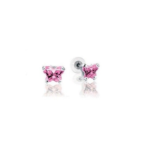 Petite Pink CZ Butterfly Silver Baby Safety Back Earrings- October Birthstone | Jewelry Vine